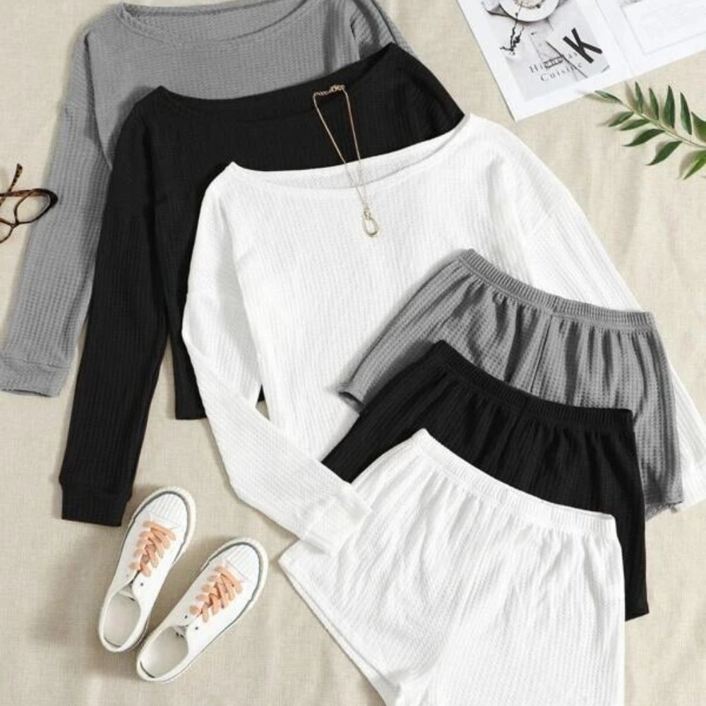 SHEIN 3sets Waffle Knit Top & Shorts Sleepwear Pajamas Lounge Set Women’s Sz M